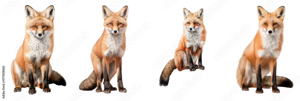 Fototapeta premium Four Foxes in different pose: A stunning display of four foxes. each in a unique posture, embodying the allure and elegance of the wild.