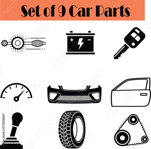 Set of 9 Car Parts Vector Icons Auto Components Silhouette Illustration