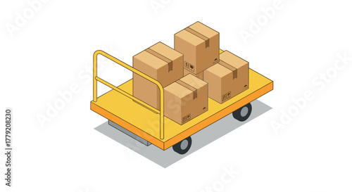 Isometric hand cart with cardboard boxes on wheels for warehouse and delivery logistics