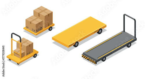 Isometric warehouse trolleys with cardboard boxes and pallets on white background