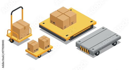 Isometric warehouse equipment with boxes on carts and platforms