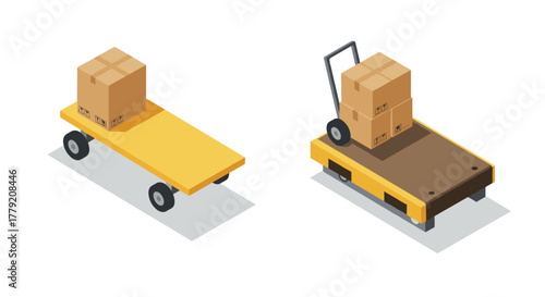 Isometric trolley and cart with boxes on white background