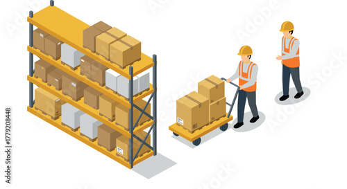 Warehouse workers organizing boxes on shelves with trolleys in isometric design