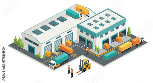 Isometric warehouse logistics scene with containers and delivery trucks
