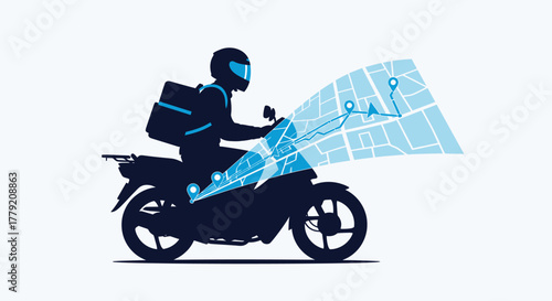 Silhouette of a delivery driver on a motorcycle following a digital map projection, showcasing modern navigation and delivery services.
