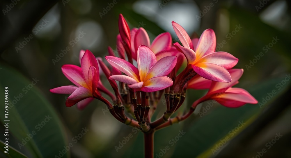 Fototapeta premium A cluster of pink and yellow flowers in focus against a blurred green background