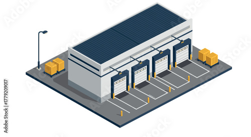 Modern isometric warehouse facility with loading docks and containers