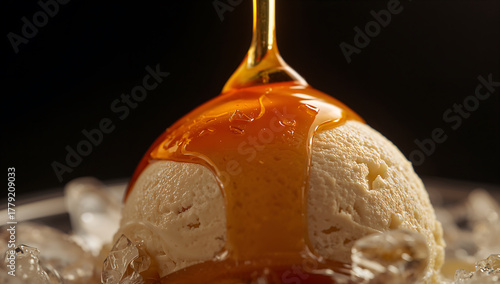ultra-realistic caramel drizzle over vanilla ice cream with melting edges and cinematic lighting