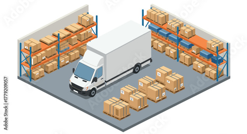 Efficient warehouse storage with delivery vehicle and packaging boxes