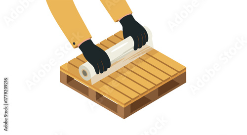 Isometric hands wrapping wooden pallet with clear stretch film