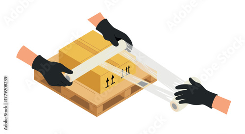 Cardboard boxes on pallet wrapped by gloved hands using stretch wrap in isometric style