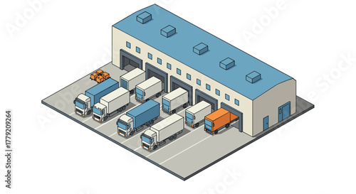 Isometric warehouse with trucks and loading docks in a logistics hub scene