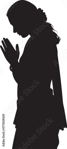 Silhouette of woman praying with folded hands isolated on transparent background.
