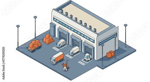 Isometric warehouse with delivery trucks and worker in industrial setting