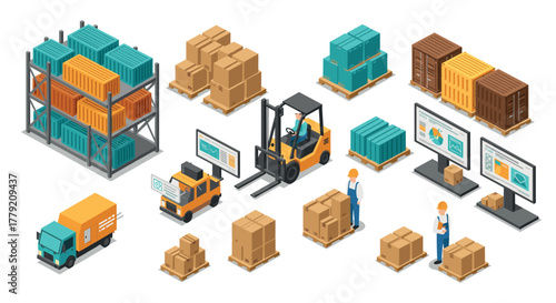 Isometric warehouse logistics with forklift and shipping containers