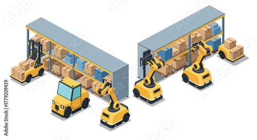Isometric warehouse automation with forklifts and robotic arms managing inventory