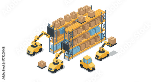 Automated warehouse robots organizing boxes on racks in isometric design