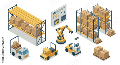 Isometric warehouse automation robots, racking, and logistics equipment