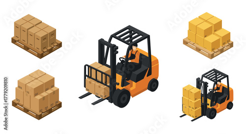 Isometric forklift and pallet boxes in warehouse setting