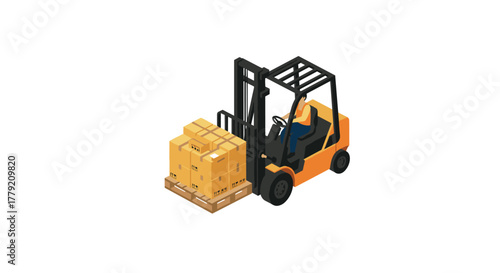 Isometric forklift carrying boxes for warehouse and logistics operations