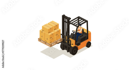 Isometric forklift loading boxes in warehouse environment