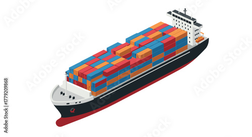 Isometric cargo ship with multicolored containers