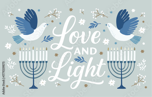 Love and Light Hanukkah illustration with doves, menorah candleholder, candles. Festive Jewish holiday Chanukah greeting card invitation design with flowers, floral decorations, stars in blue white