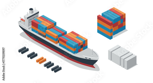 Isometric cargo ship with containers and storage boxes for shipping and logistics