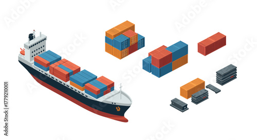 Isometric cargo ship and shipping containers in logistics concept design