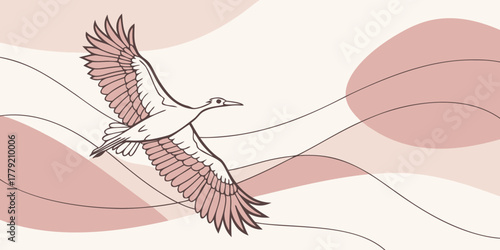 Elegant Crane Soars Freely Above Gentle Curves and Soft Colors in Artistic Illustration