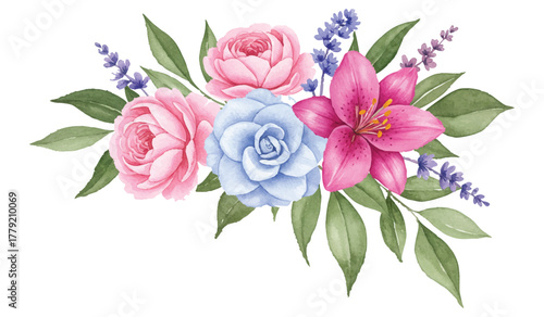 Watercolor Floral Arrangement Elegant Blossoms in Pink, Blue, and Purple with Greenery, perfect for invitations and designs