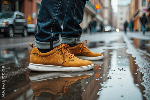 AI primo piano di scarpe marroni sulla strada bagnata dalla pioggia 04