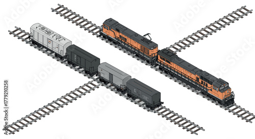 Isometric train crossing with freight cars on railway tracks
