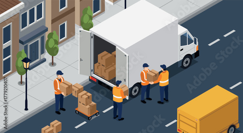 Delivery team unloading boxes from truck in urban street isometric scene