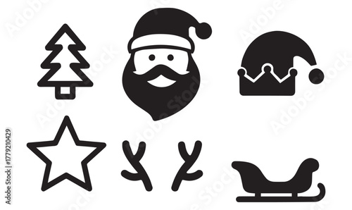 Christmas Silhouette Icons – Santa Face, Elf Hat, Tree, Star, Antlers, Sleigh in Black Style