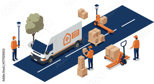 Isometric delivery logistics and package handling scene on urban street