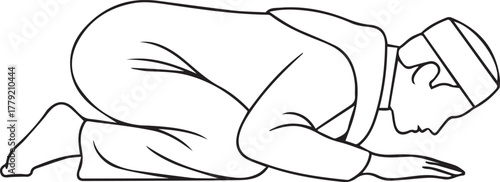 Muslim man performing Sujud prostration during Salat prayer line art vector.