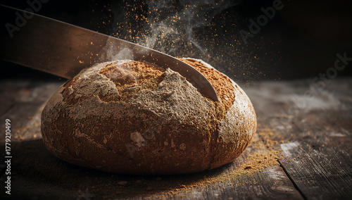 sourdough bread slicing with crumbs and steam macro 4k food photography