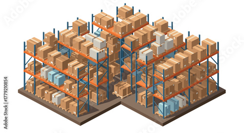 Isometric warehouse interior with industrial shelving and cardboard boxes