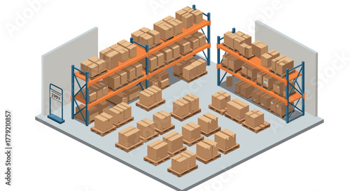 Isometric warehouse with stacked cardboard boxes and shelves in storage room