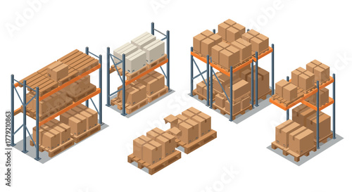 Isometric warehouse storage with racks and cardboard boxes