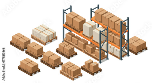 Isometric warehouse storage shelves with cardboard boxes and pallets for logistics and distribution