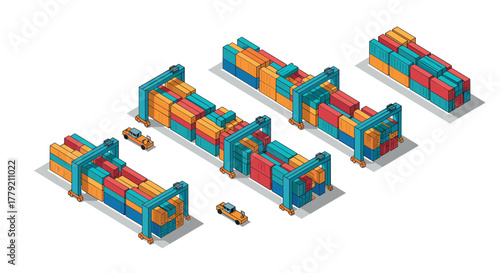 Isometric shipping yard with cranes and cargo containers