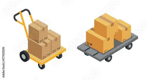 Isometric trolley and cart with cardboard boxes for warehouse and delivery concepts
