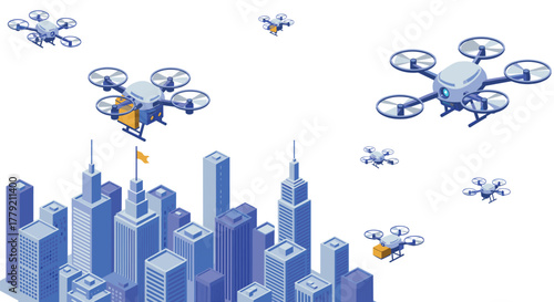 Futuristic urban delivery scene with isometric drones above cityscape