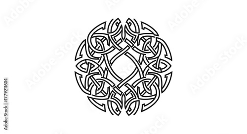 Intricate Celtic knotwork design forming a circular mandala pattern with interwoven lines and symmetrical elements on a white background.