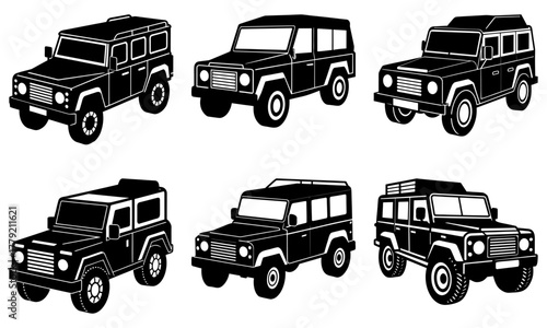Classic off road vehicles in black and white, legendary SUVs, robust adventure transportation, iconic design, vintage car collection, ready for exploration