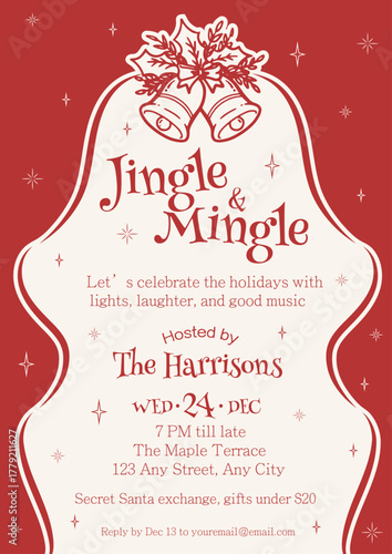 Christmas party invitation template with bells and stars in red theme. Vector illustration Christmas party invitation template