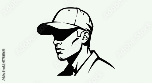 A black and white illustration of a man wearing a baseball cap, with his face partially obscured by shadow.