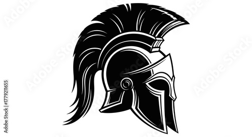 Black and white illustration of a Spartan helmet with intricate details and design.
